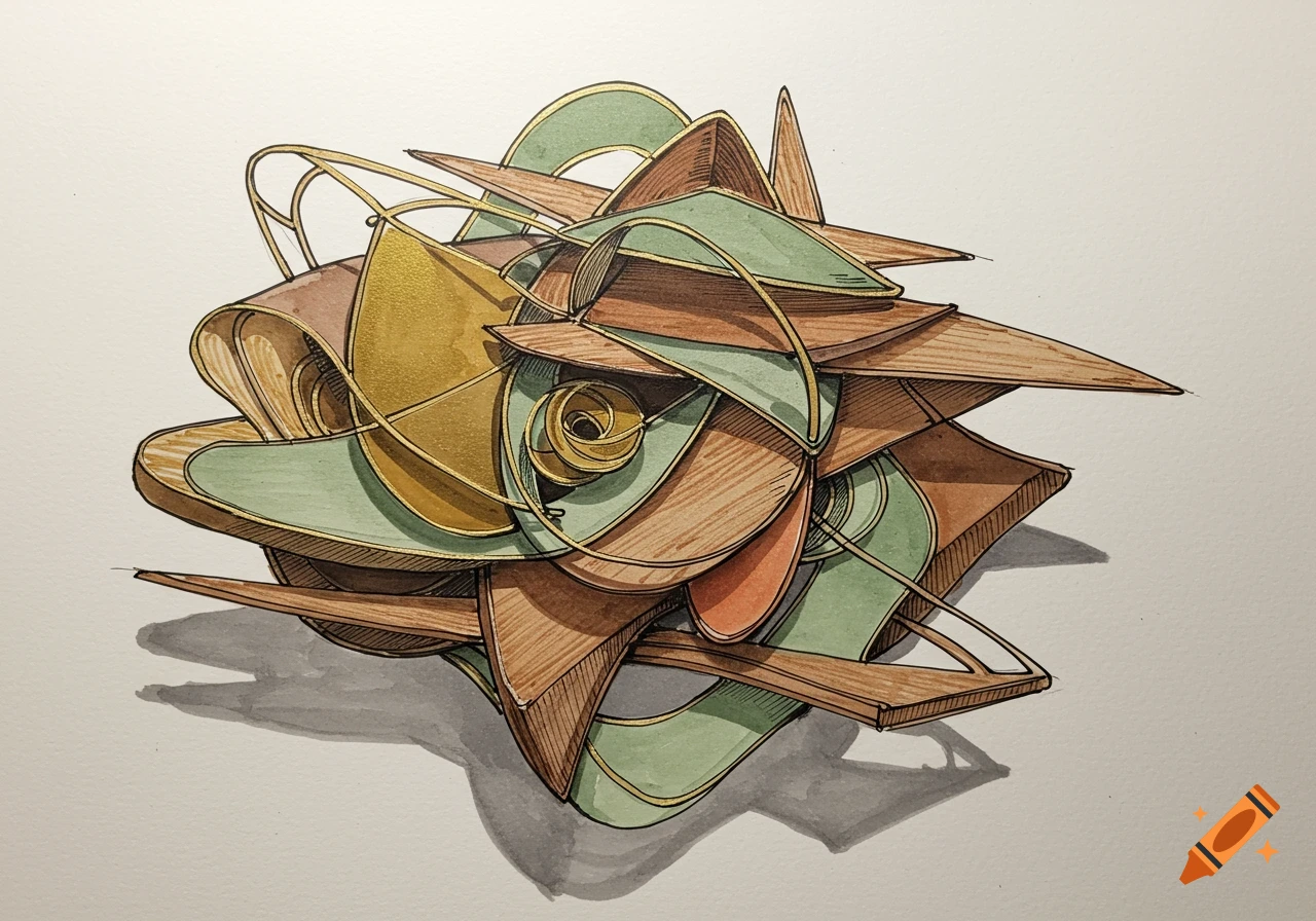A hand-sketched abstract sculpture of layered wood, green, and gold shapes with intersecting wires, featuring watercolor shading and cast shadows.