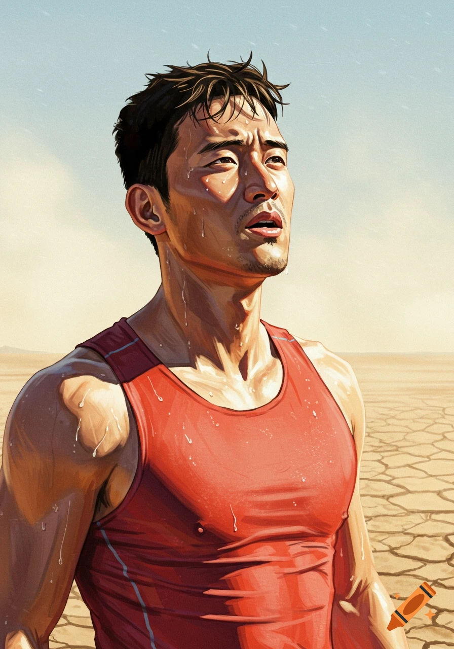 An illustrated close-up of an exhausted, sweaty man in a red tank top looking up, standing in a cracked desert.