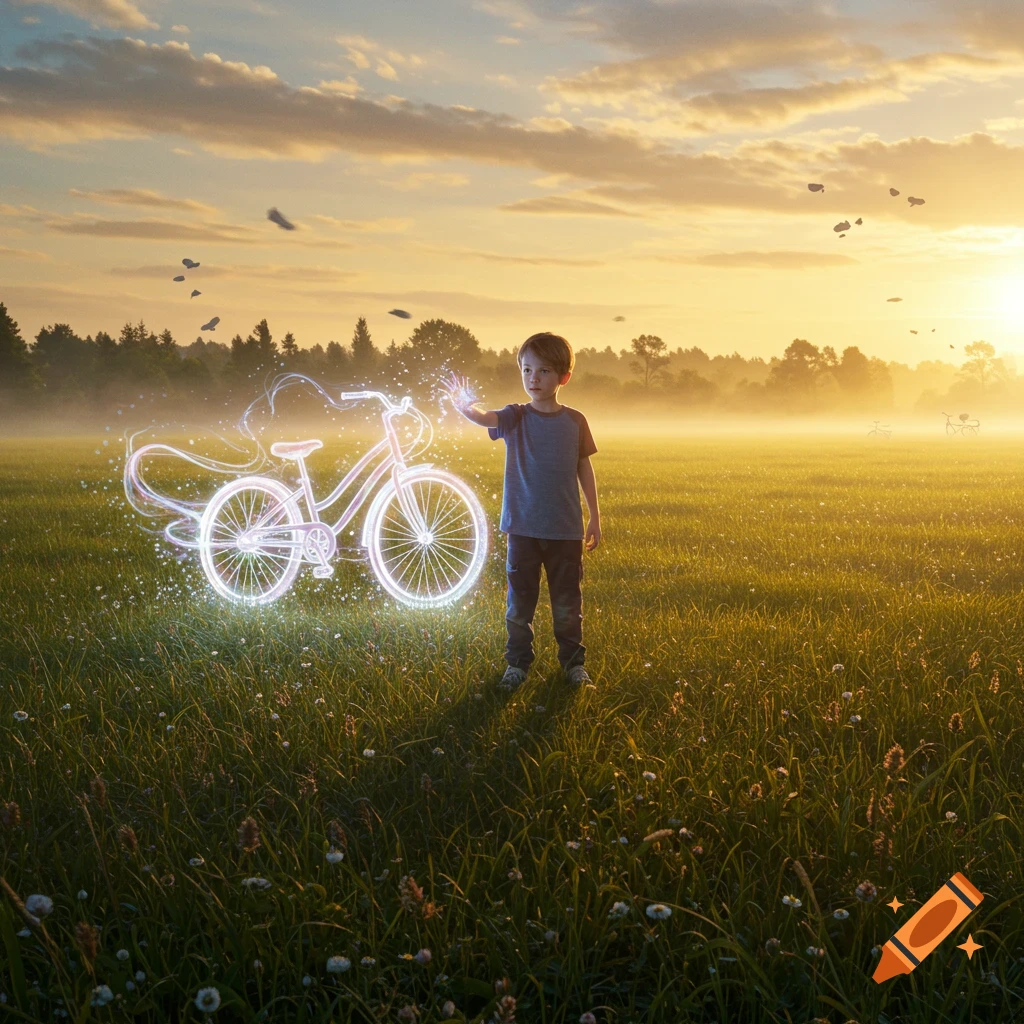 A young boy stands in a grassy field at sunset, his hand outstretched towards a glowing, ethereal bicycle manifesting before him.
