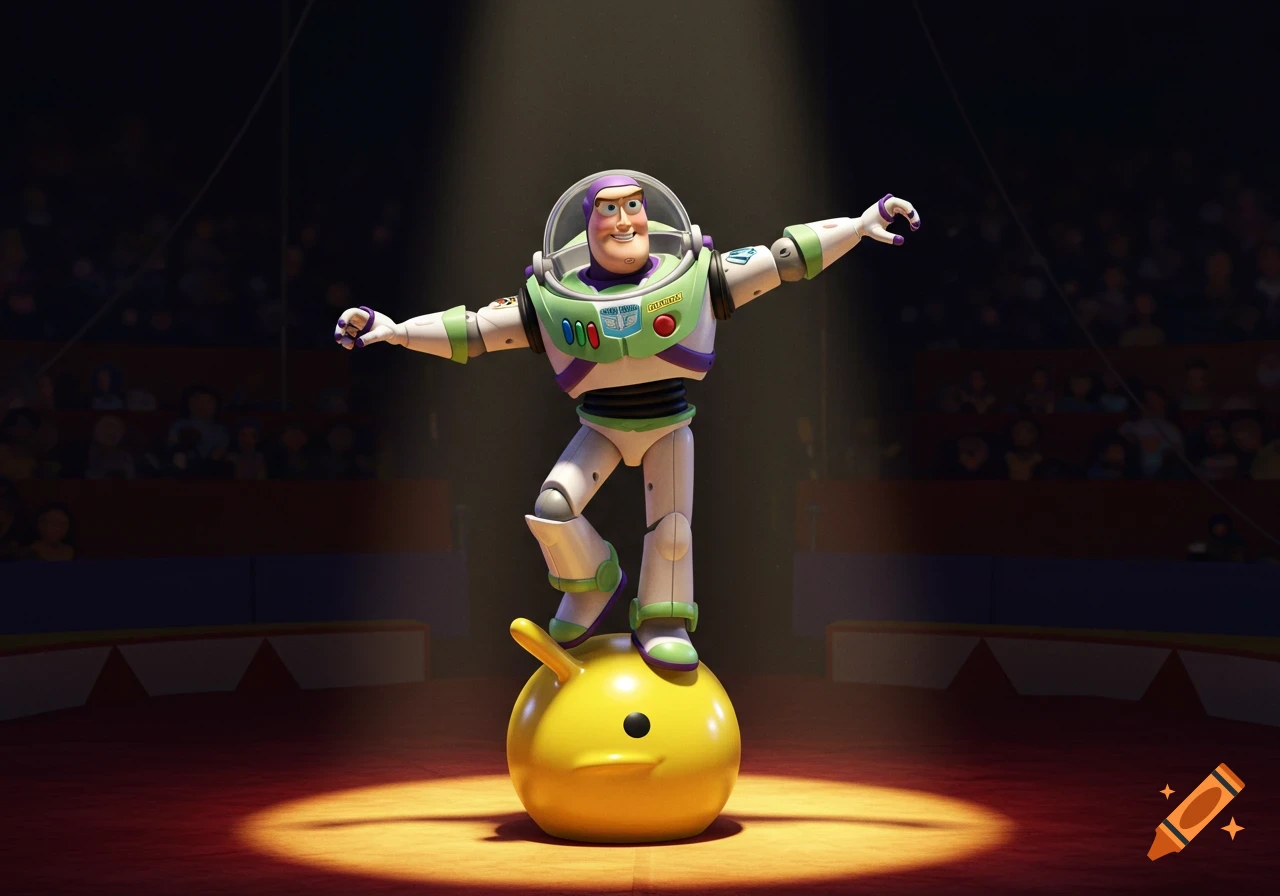 Buzz Lightyear balances on one foot on a yellow rubber ball under a circus spotlight.