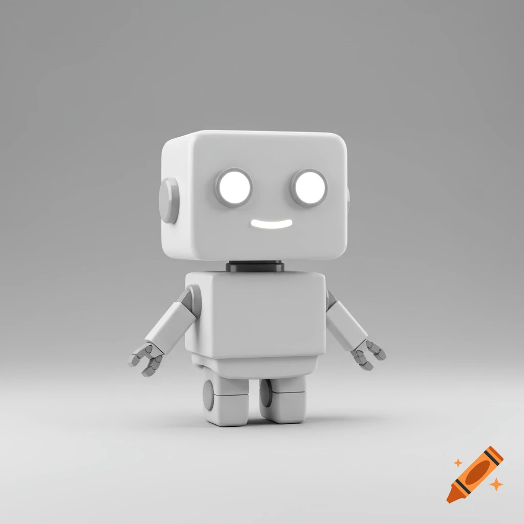 A cute, simple white rectangular robot with glowing eyes and a smile stands against a light grey background, 3D render.