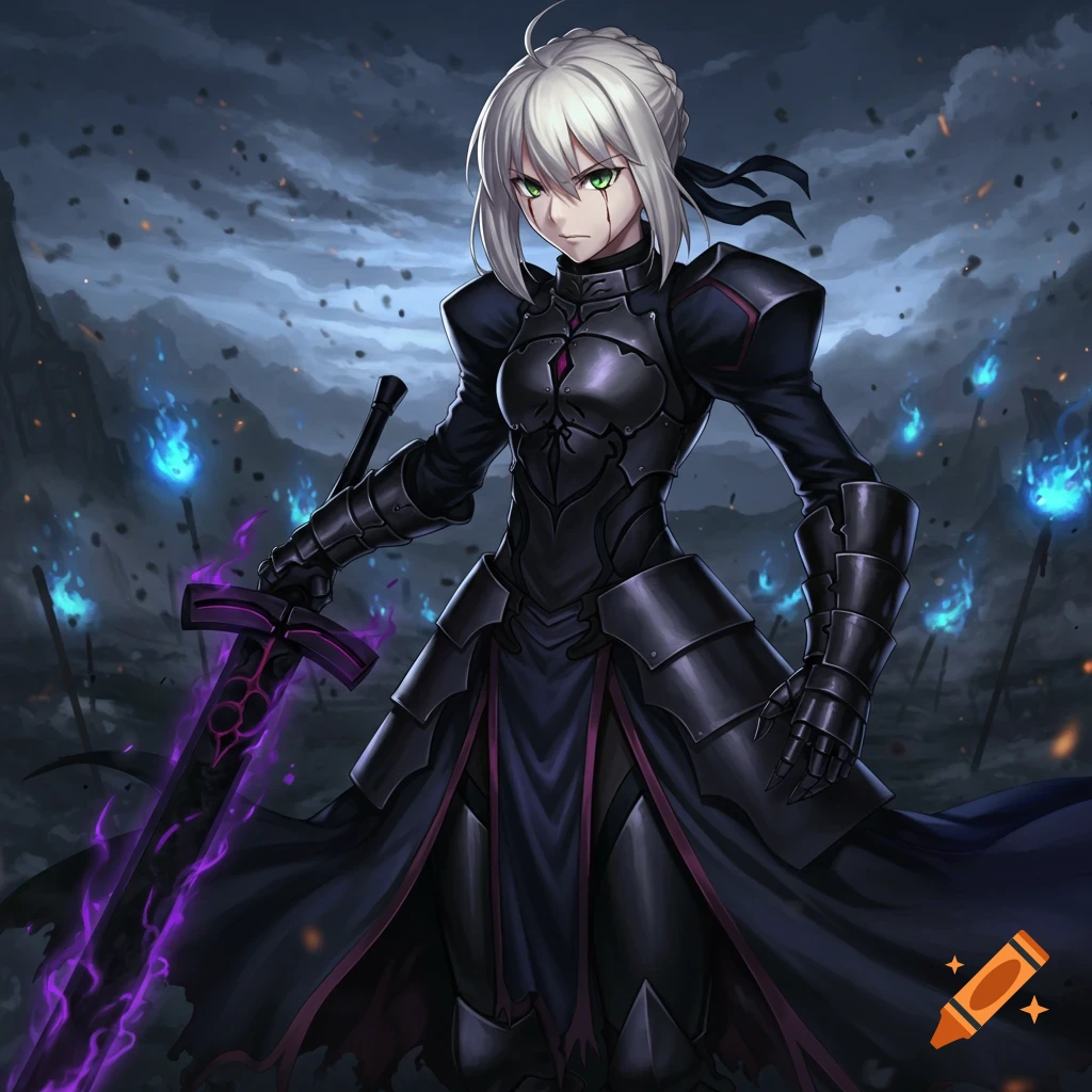 Anime warrior Saber Alter with white hair, green eyes, dark armor, and a glowing purple sword stands on a stormy battlefield.