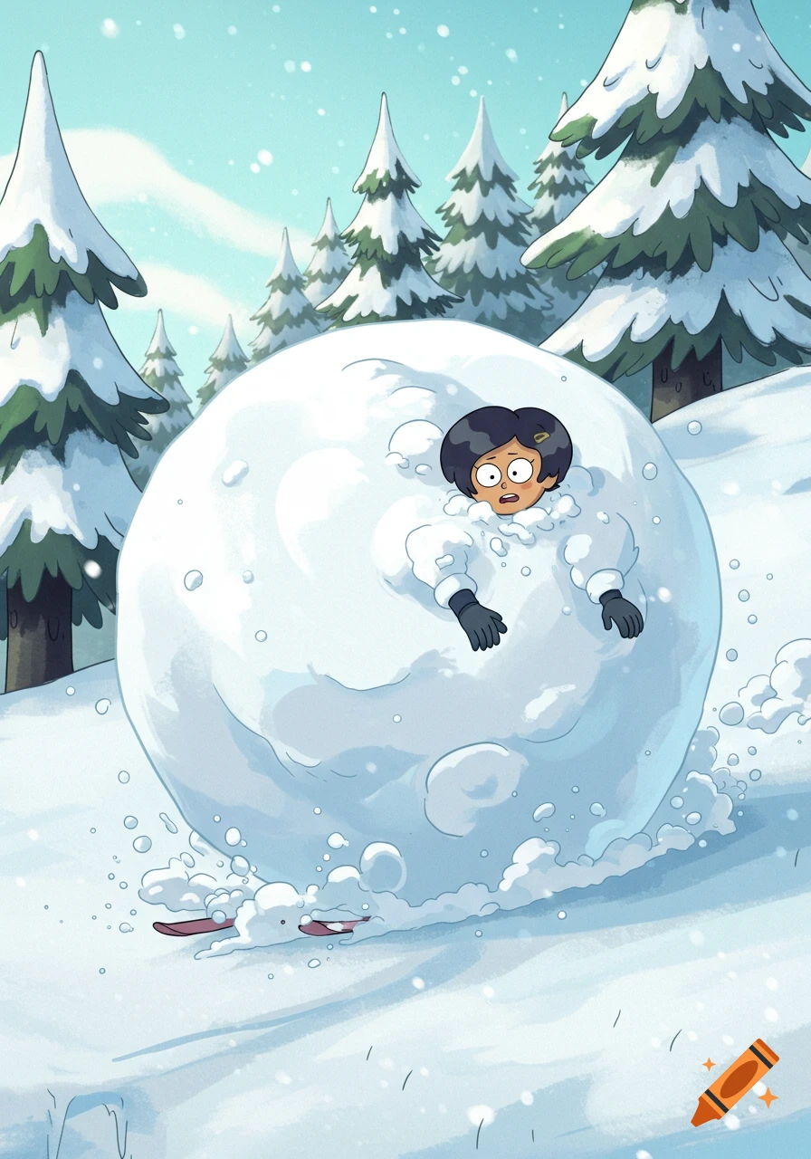 Cartoon Marcy Wu from Amphibia rolls down a snowy hill in a giant snowball, her head and skis poking out.