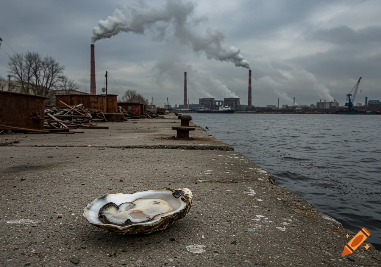 An oyster rests on a concrete dock beside murky water, with smoking factory chimneys and industrial debris under a cloudy sky.