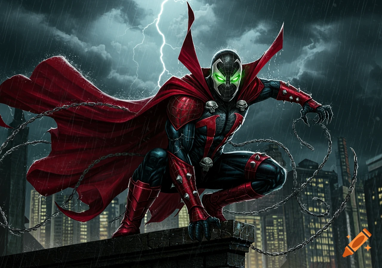 A superhero resembling Spawn and Spider-Man, with a red cape, glowing green eyes, and black/red suit, crouches on a stormy city rooftop.
