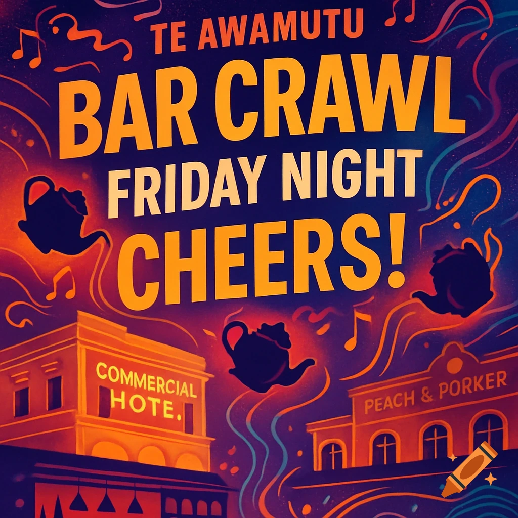 A stylized poster for a "Te Awamutu Bar Crawl" with glowing orange and purple text, silhouettes of teapots, and two buildings labeled "COMMERCIAL HOTE." and "PEACH & PORKER" against a dark, starry sky.