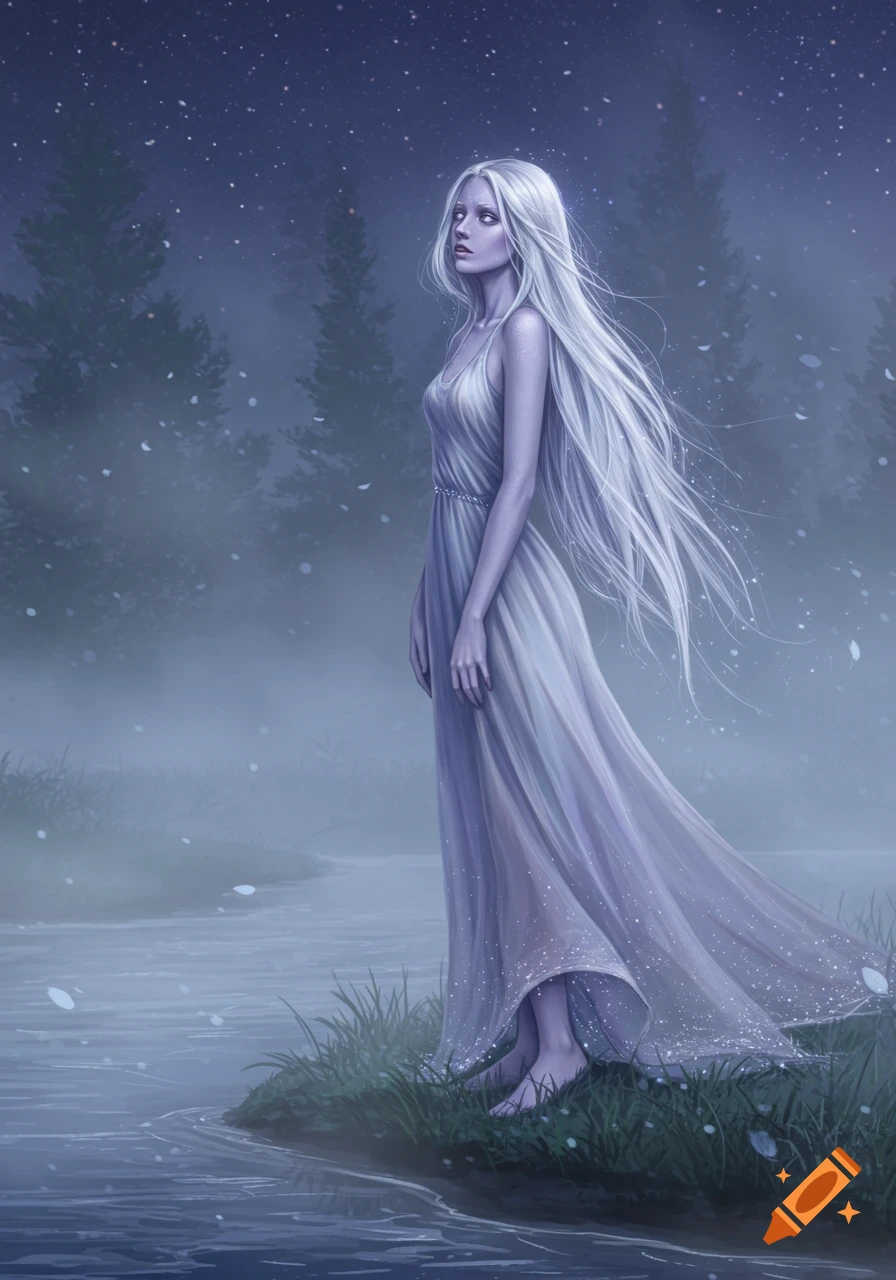 A willowy woman with long silver hair and a flowing ethereal dress stands barefoot by a misty river at night under a starry sky.
