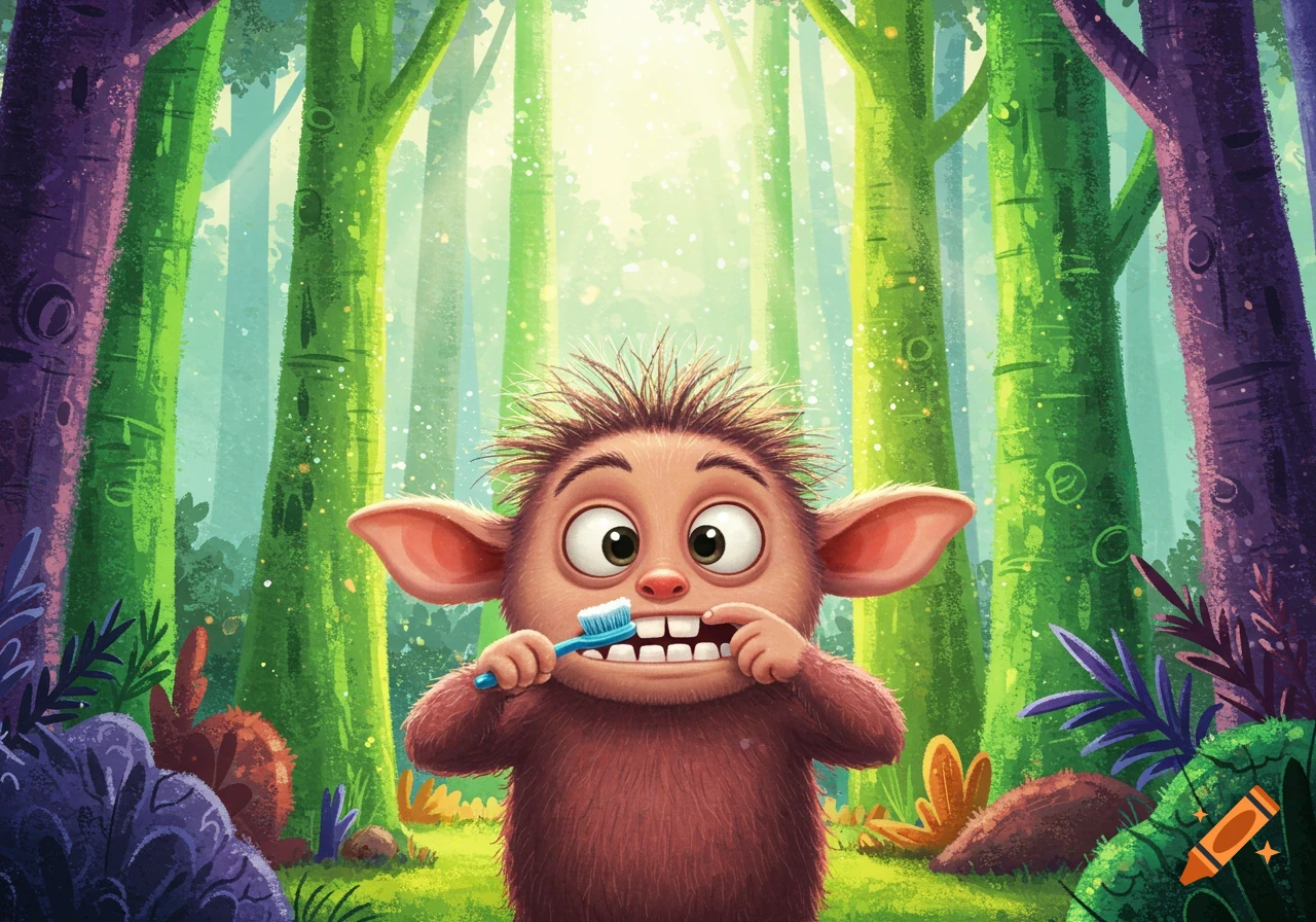 A furry, brown cartoon monster with large ears and spiky hair brushes its teeth in a vibrant, sunlit forest.