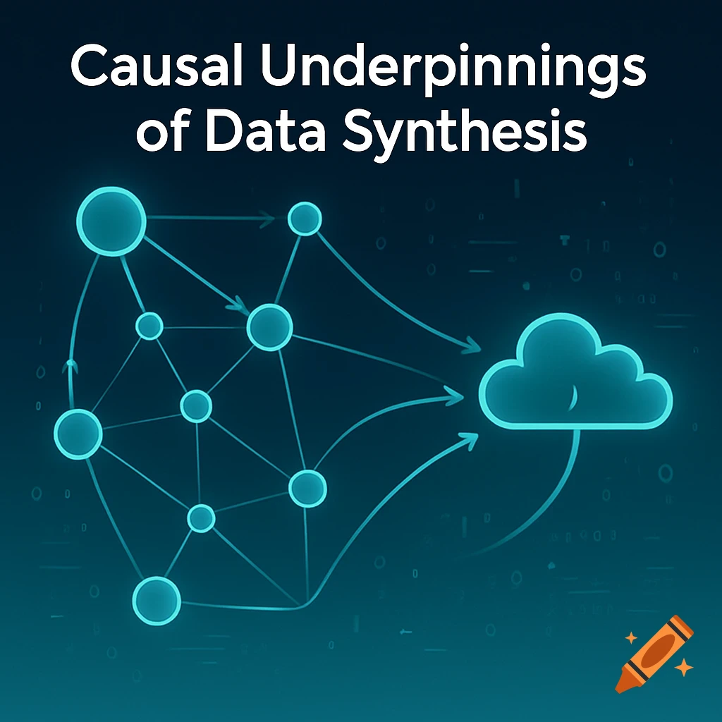 A sleek digital illustration of a data network with nodes, arrows, and a cloud icon, titled 'Causal Underpinnings of Data Synthesis' on a dark blue background.