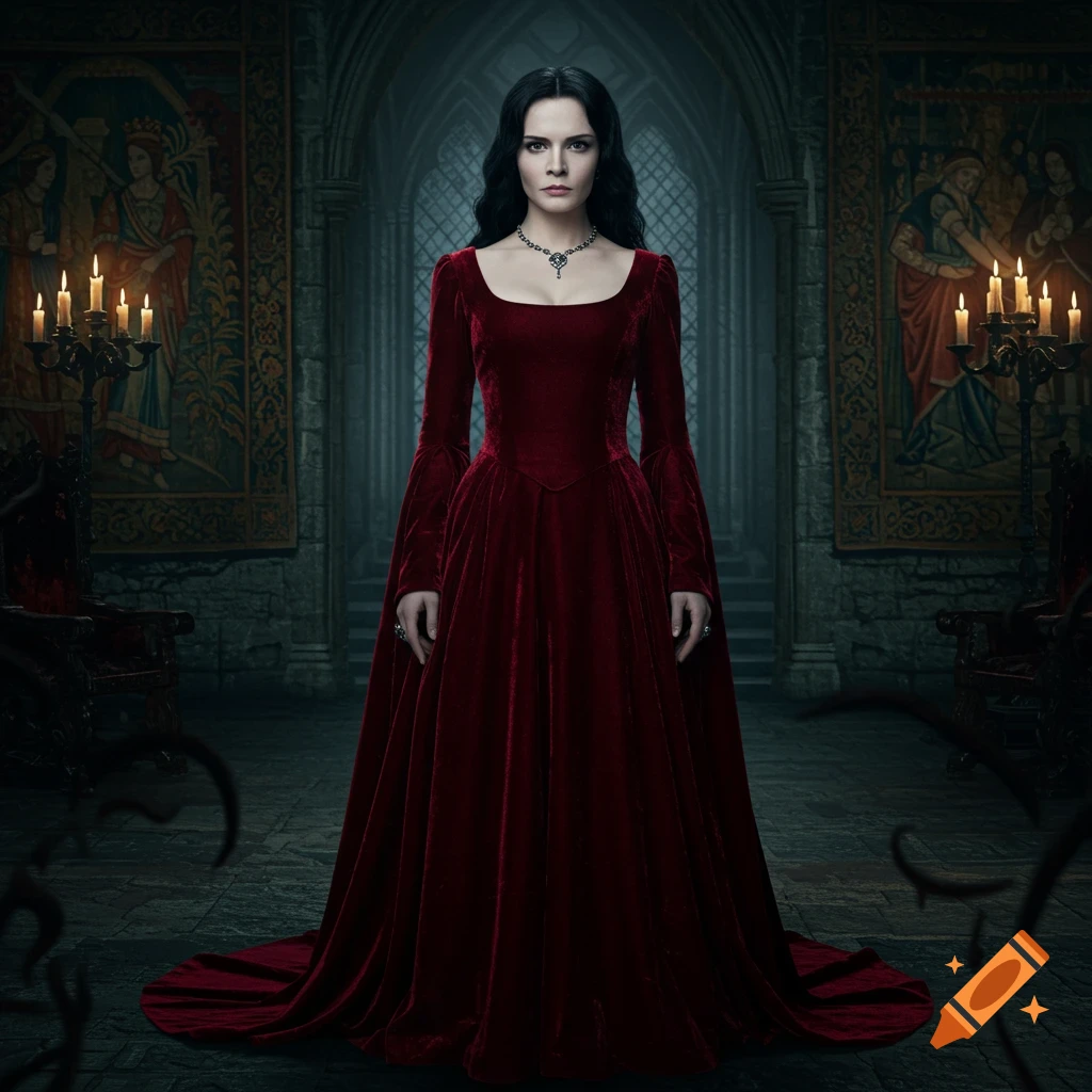 A stern woman with long dark hair, wearing a flowing, dark red velvet gown and a necklace, stands centered in a dimly lit gothic hall with tapestries and candelabras.