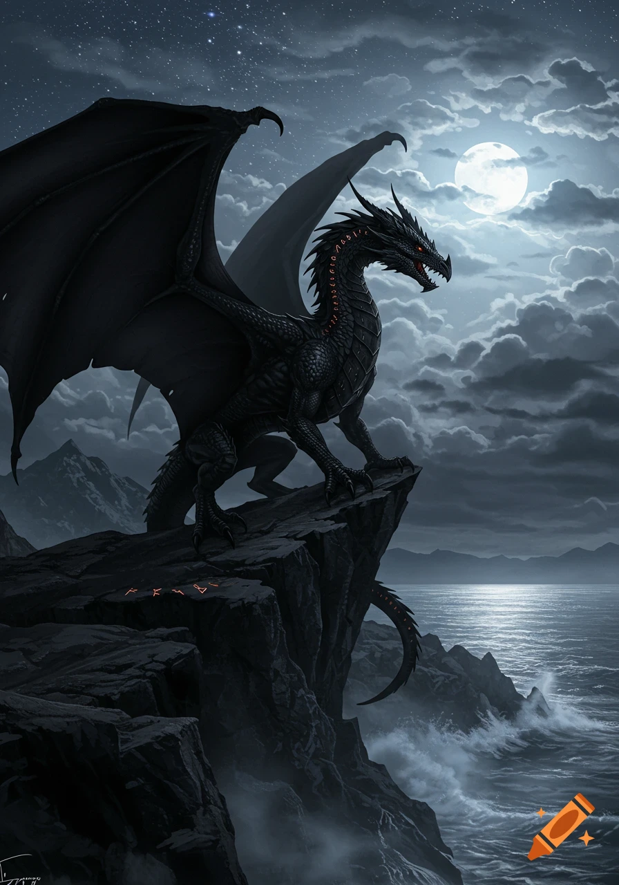 A majestic black dragon perches on a dark cliff overlooking a moonlit ocean under a starry sky, mountains in the distance.