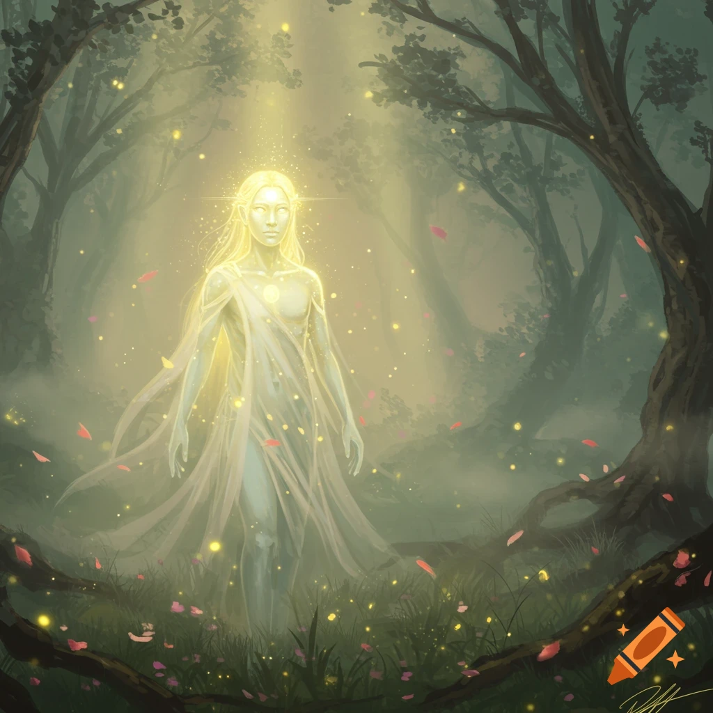 A glowing, ethereal figure stands in a misty, magical forest with light rays and falling pink petals, digital art.