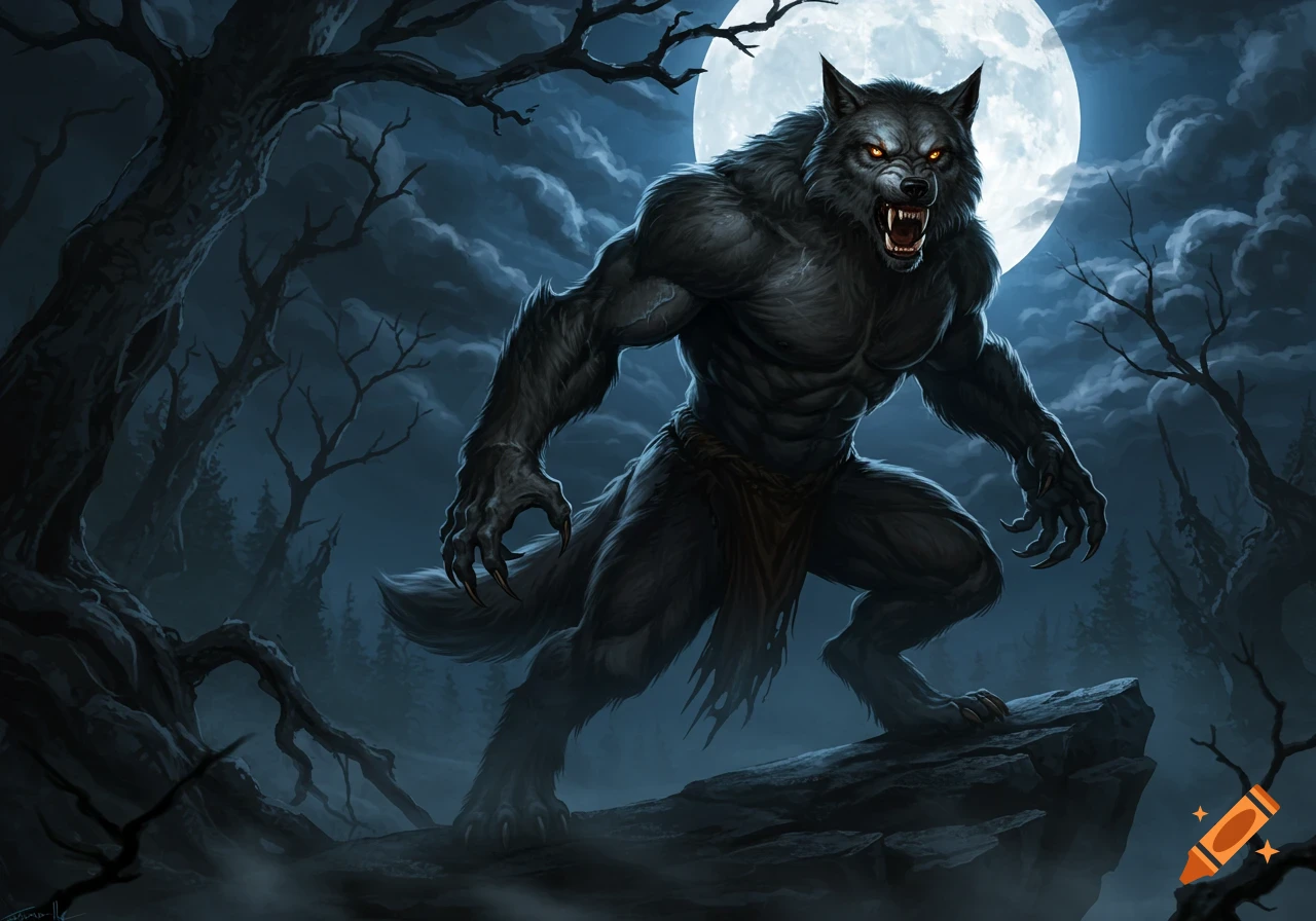 A powerful werewolf with glowing red eyes howls at a full moon in a dark, gnarled forest at night, digital art.