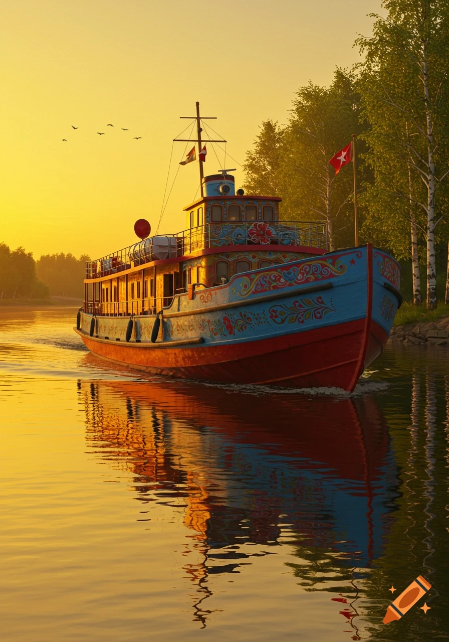 A colorful boat with elaborate designs sails on a tranquil river during a vibrant golden hour sunset, framed by lush trees.