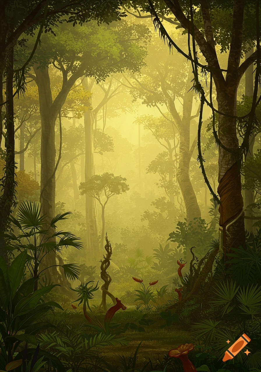 A vibrant, hazy illustration of a dense jungle with tall trees, thick foliage, winding vines, and exotic plants under a soft, golden light.