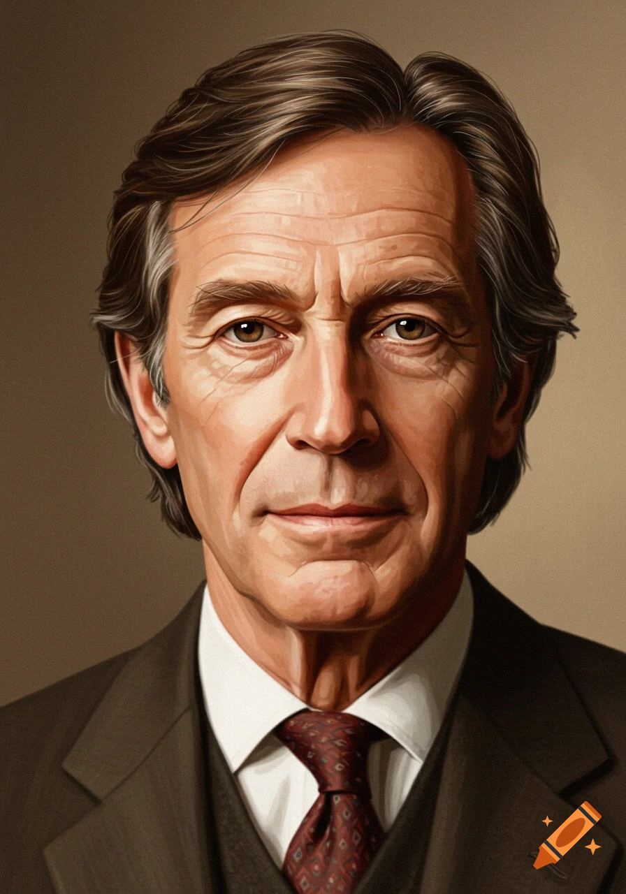 Realistic illustration of a 60-year-old man with brown hair and brown eyes, wearing a dark suit.