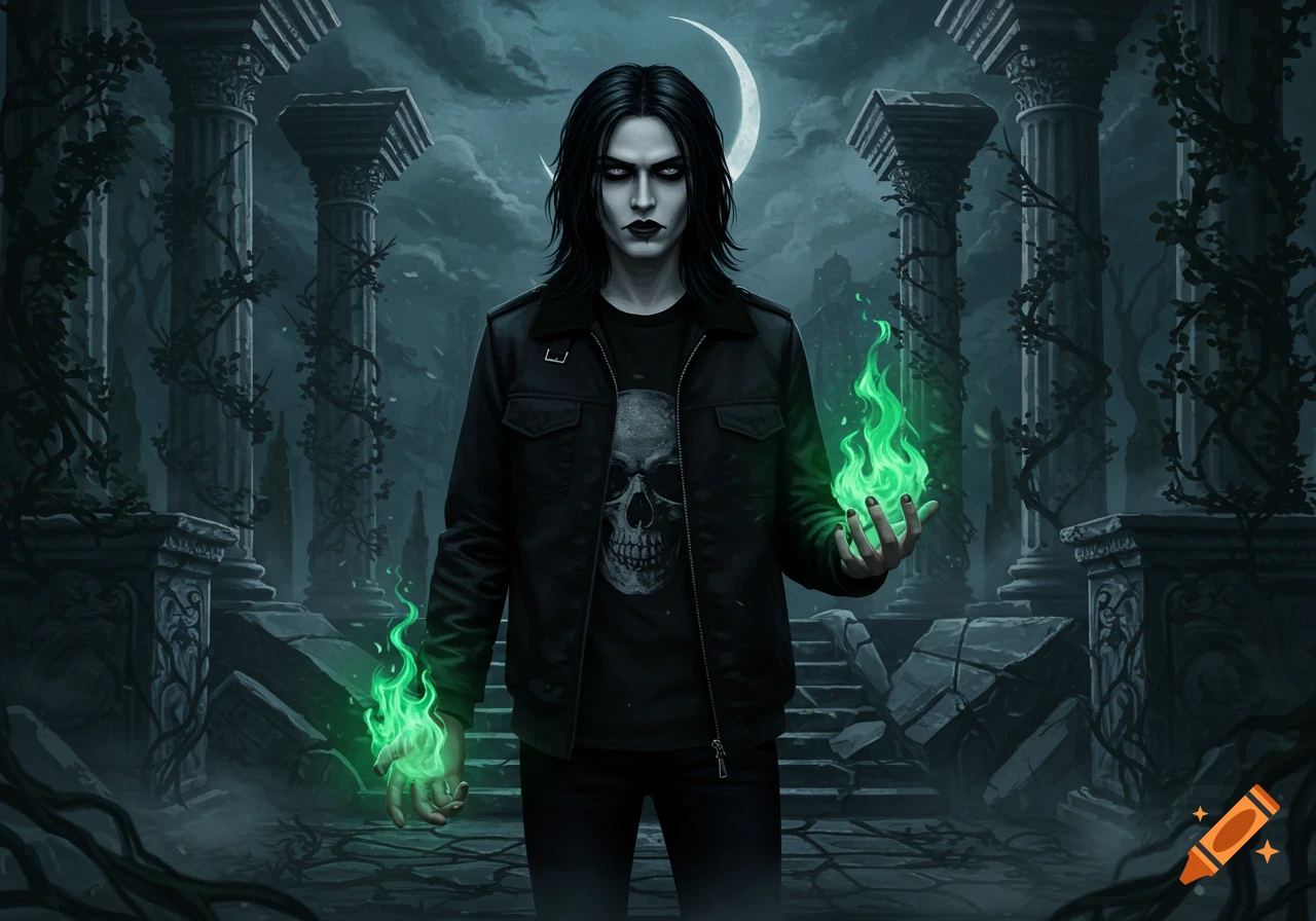 A gothic character with pale skin and dark makeup, holding green flames in their hands, standing amidst ruined columns under a crescent moon.