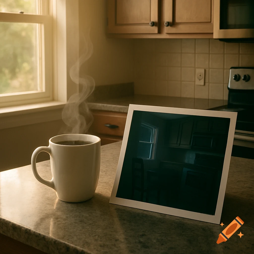 A steaming coffee mug and a framed photo of the same kitchen at night sit on a sunny kitchen counter.