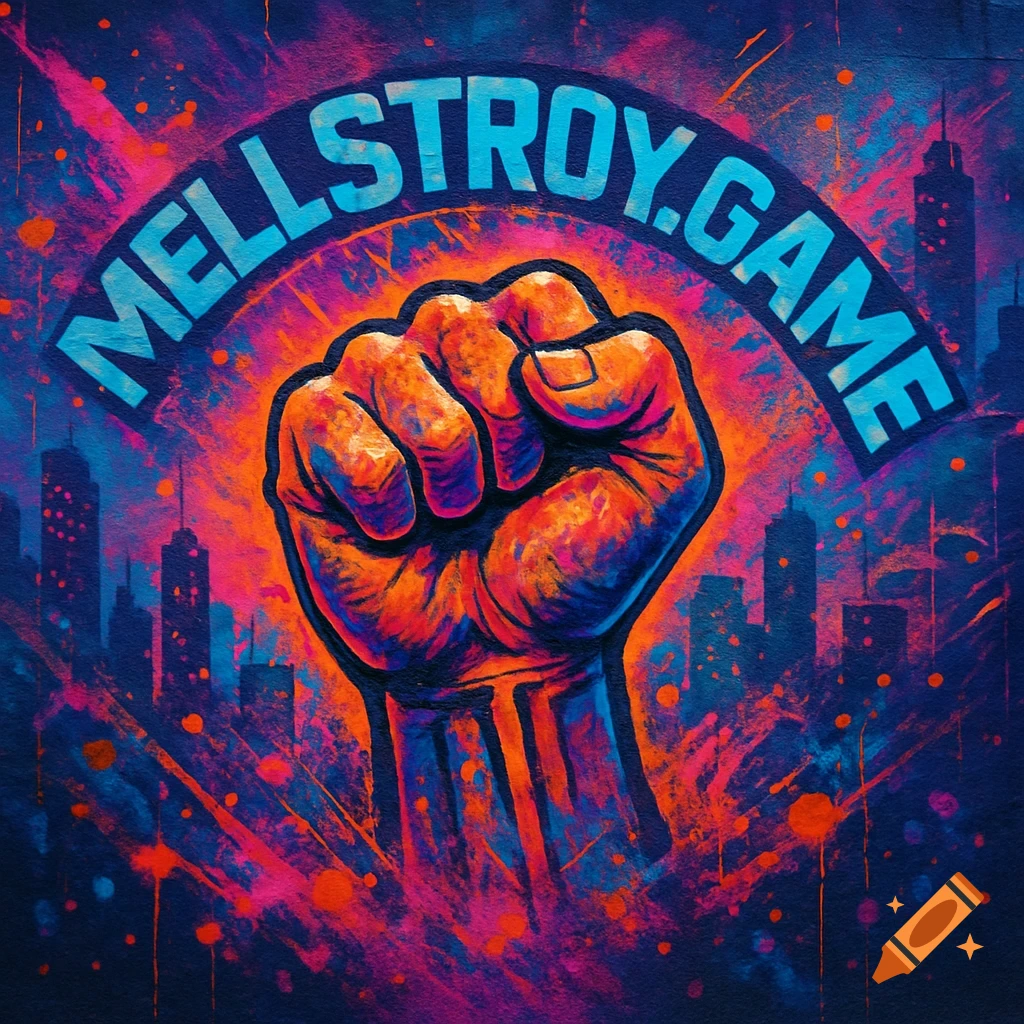 A vibrant graffiti art style image showing a raised fist in orange and red, with a blue city skyline in the background, and the text 'MELLSTROY.GAME' curved above the fist.