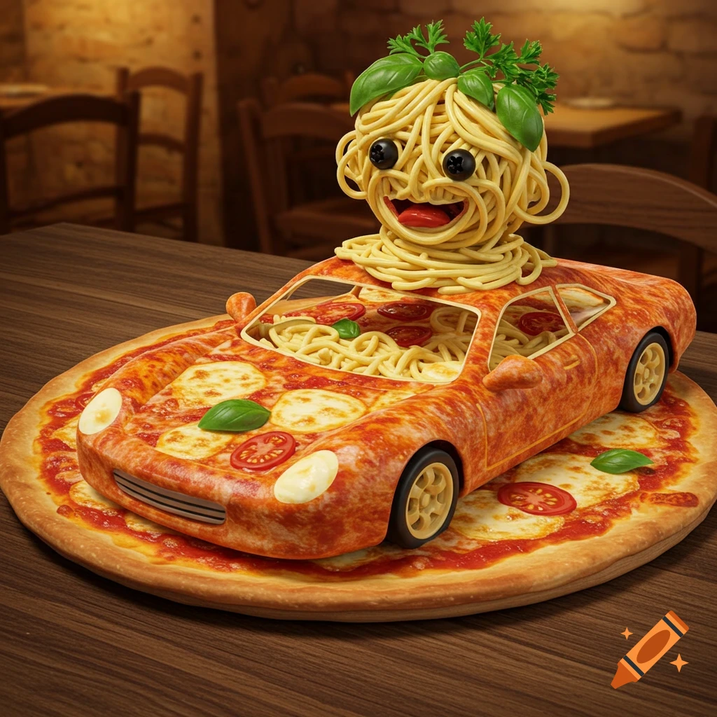 A creative food art image of a pizza car with a spaghetti monster head and basil, sitting on a large pizza in a restaurant.