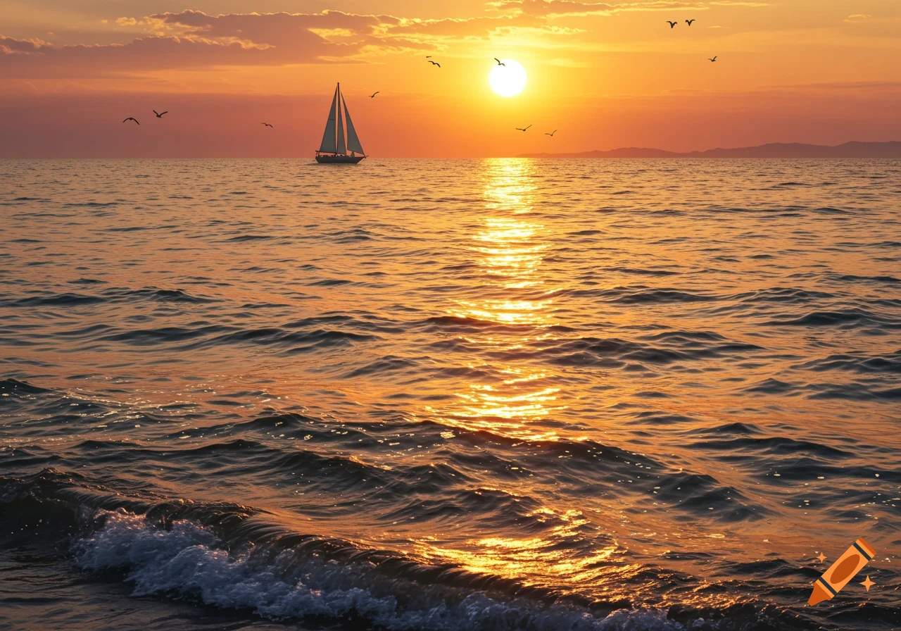 A serene ocean sunset with a sailboat on the horizon and birds flying overhead.