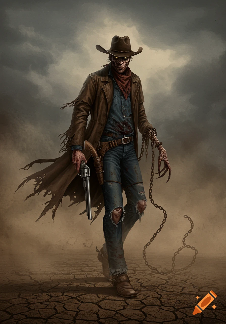 A monstrous cowboy figure with glowing eyes, torn duster coat, ripped jeans, and a clawed hand holding chains, walks across cracked earth under a cloudy sky.