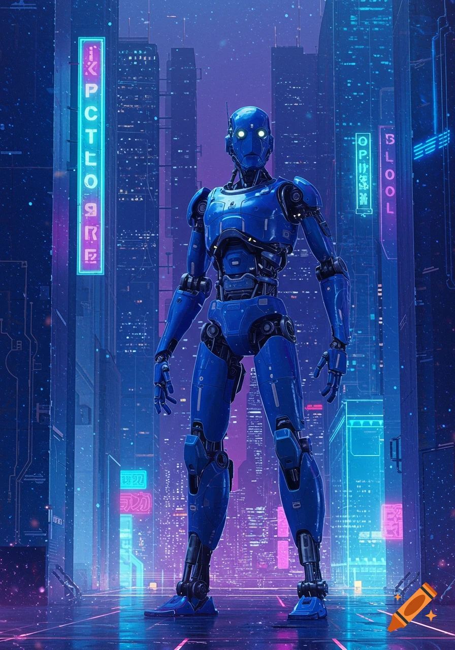 A blue, humanoid robot stands on a glowing street in a neon-lit futuristic city with tall skyscrapers.
