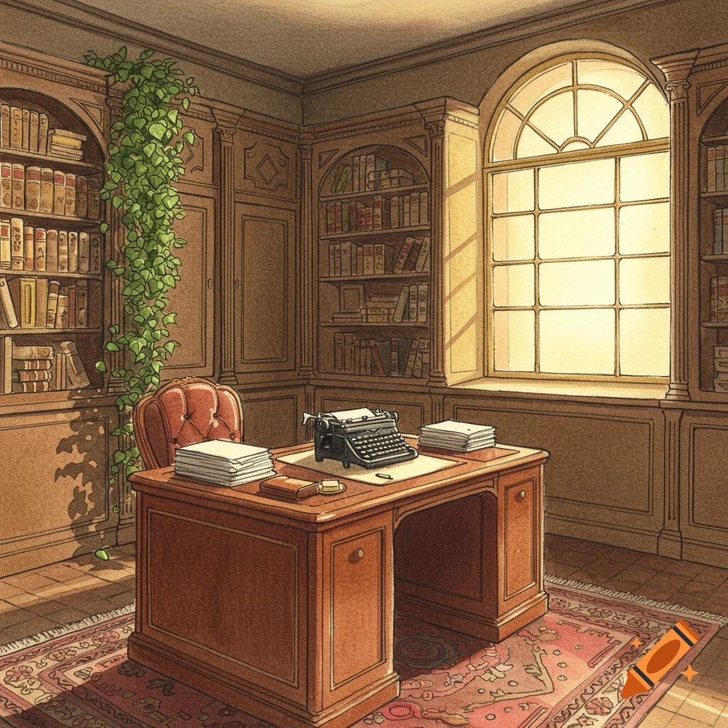 An old-fashioned study room with wooden bookshelves, a desk with a typewriter, a red armchair, and a large arched window. Green vines grow along a wall.