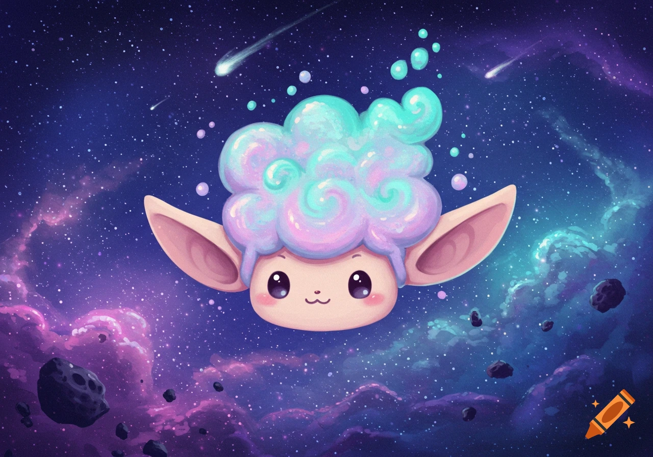 A cute creature with pastel blue and purple fluffy hair and large pink ears floats in a vibrant starry galaxy.