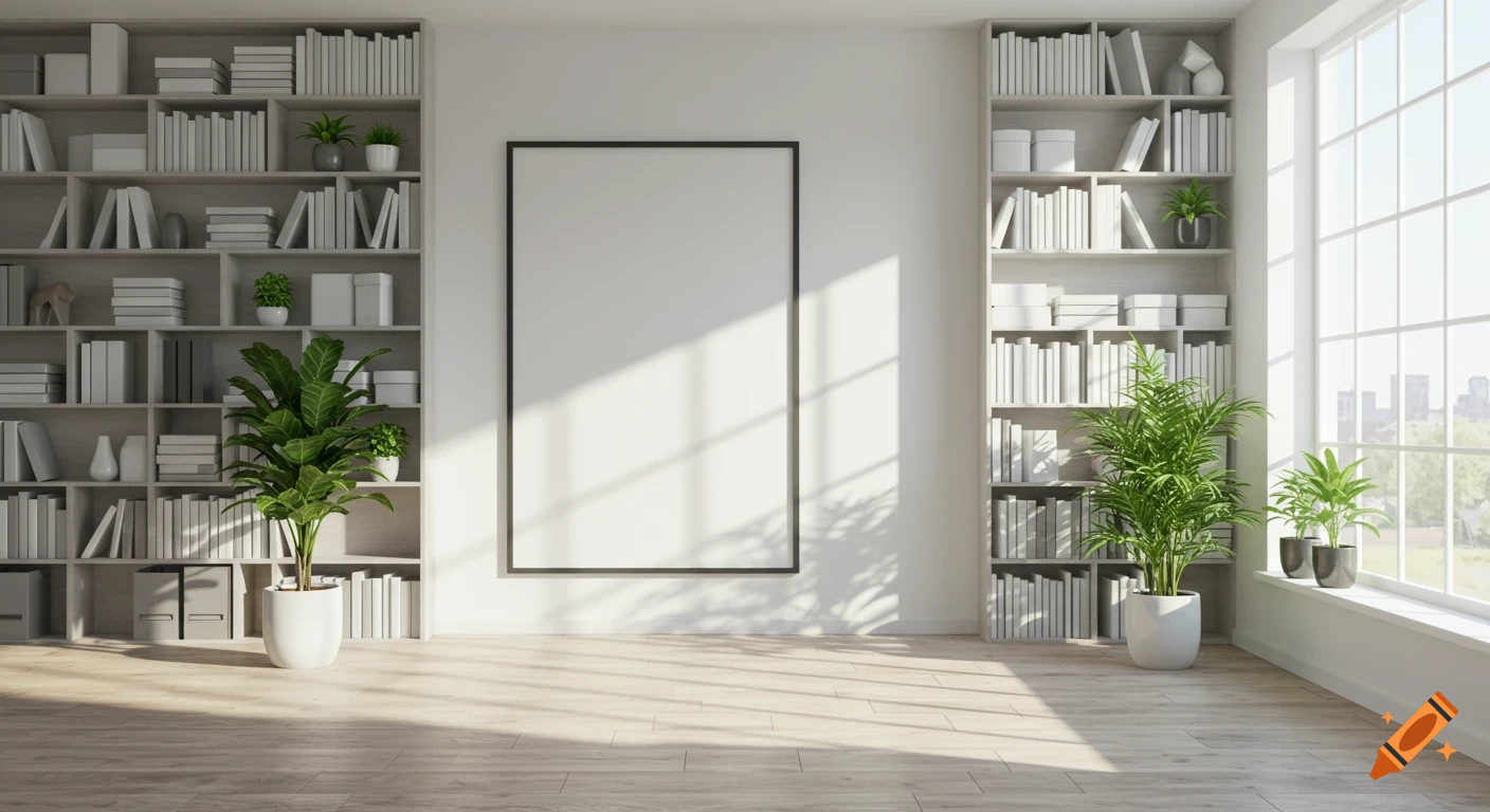 Photorealistic image of a bright, sunlit room with two large white bookshelves, potted plants, and an empty black frame on the wall.