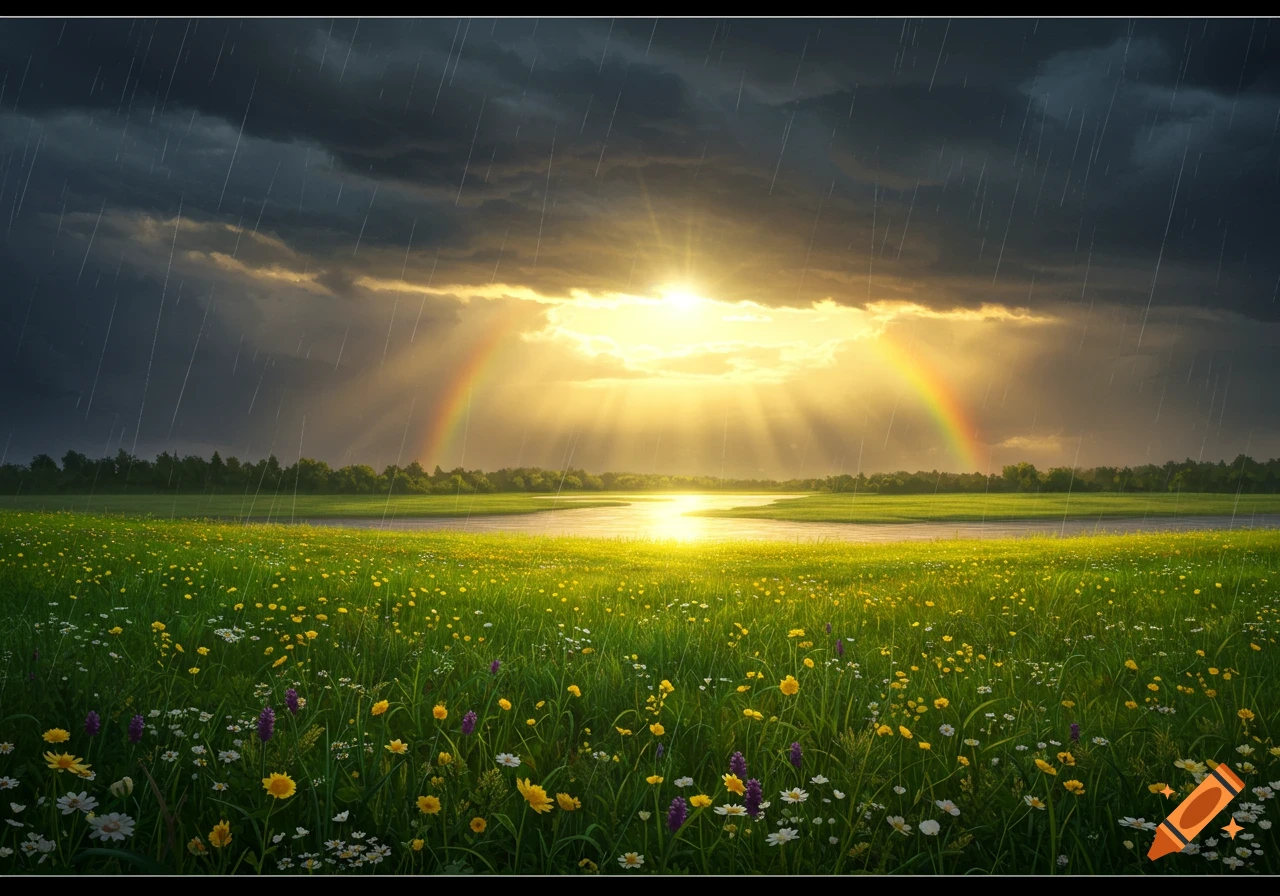 A vibrant landscape with a field of wildflowers, a river, a double rainbow, and sun rays breaking through stormy, rainy clouds.