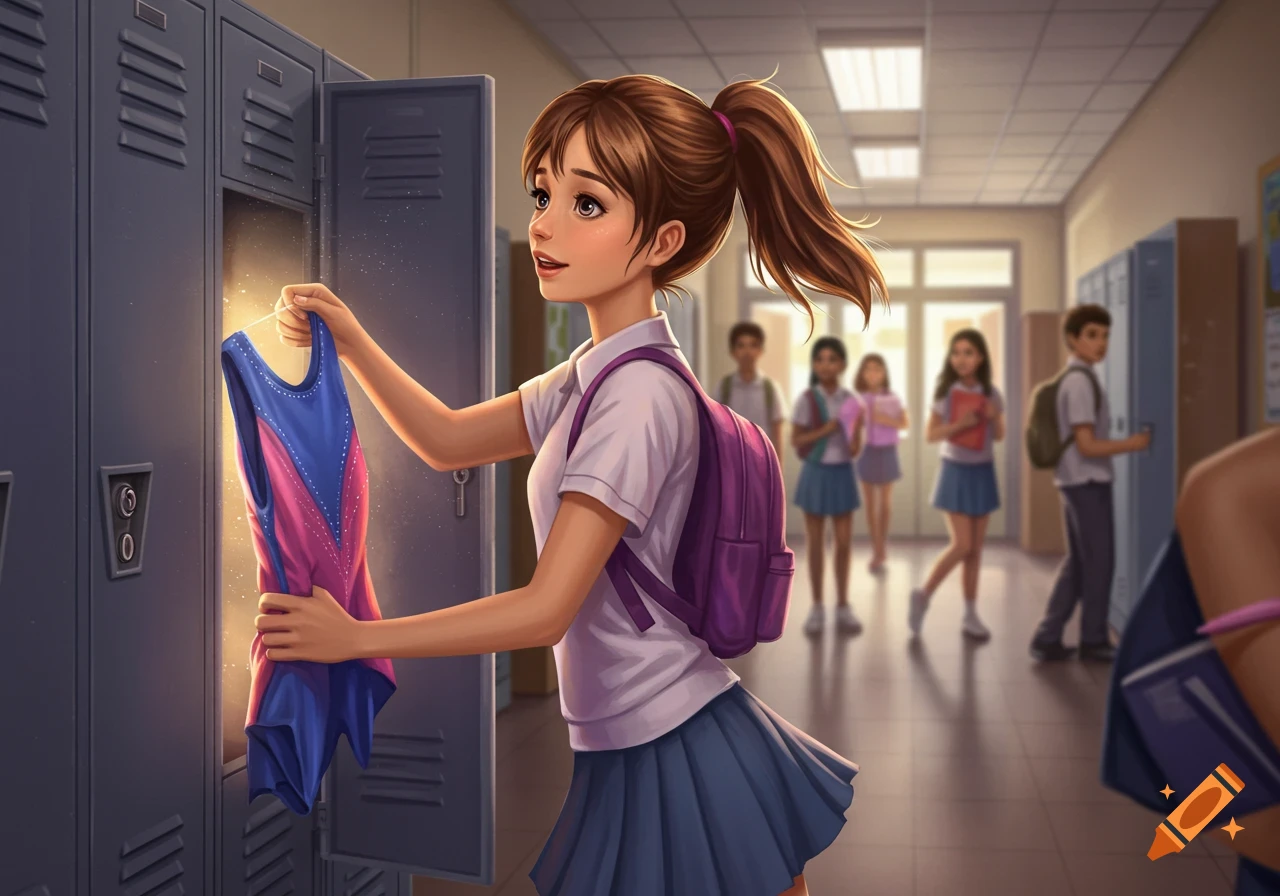 A young girl in a school hallway pulls a glowing blue and pink gymnastics leotard from her locker. Illustrative style.