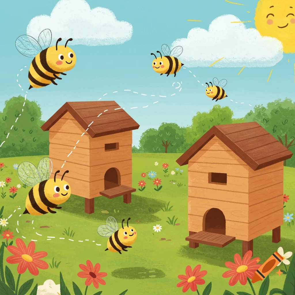 A cartoon illustration of five happy bees flying around two beehives in a sunny green field with colorful flowers and clouds.