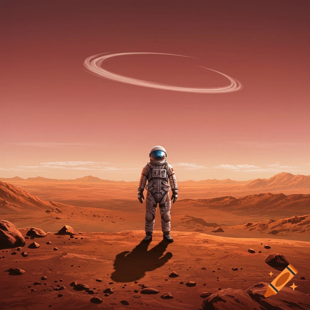 An astronaut in a spacesuit stands on the red, rocky surface of Mars, under a reddish sky with a white ring.