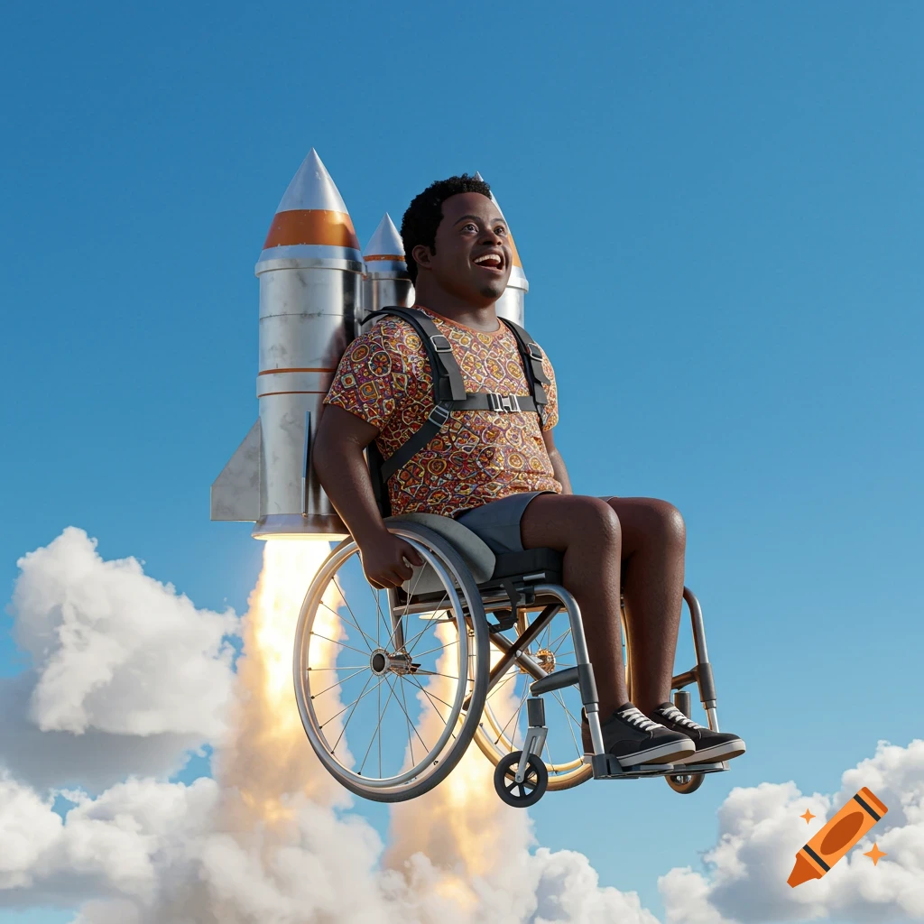 A Black man with Down syndrome in a wheelchair flies upward, propelled by rockets on his back, against a blue sky.