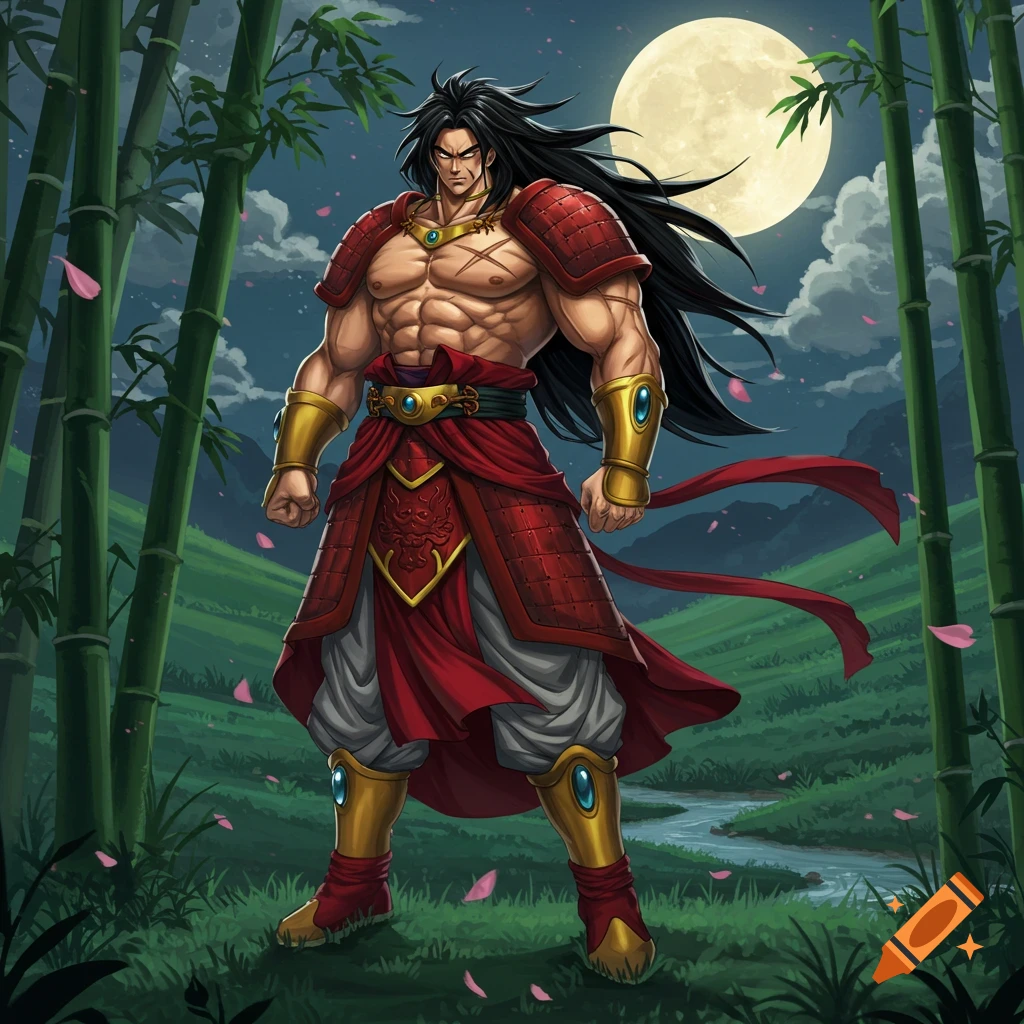 A muscular anime warrior, reminiscent of Broly, stands in a bamboo forest at night under a full moon, wearing red and gold armor.
