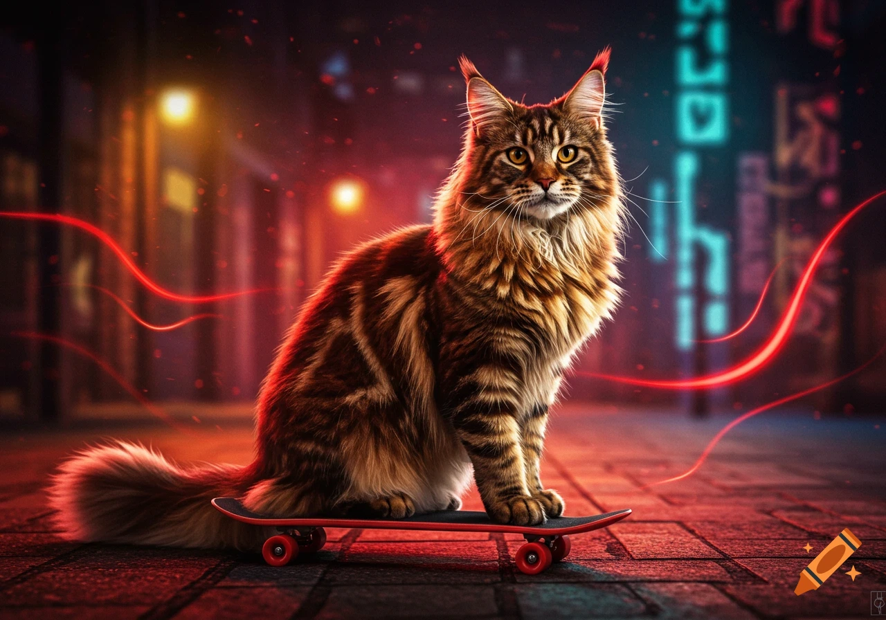 A photorealistic Maine Coon cat with yellow eyes sits on a red skateboard on a brick street at night, illuminated by neon lights and red streaks.