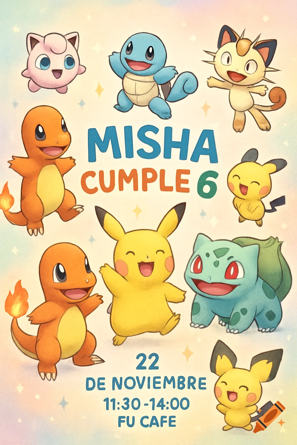 Colorful cartoon Pokemon birthday invitation for 'Misha Cumple 6', featuring Pikachu, Squirtle, Charmander, and more, with event details.