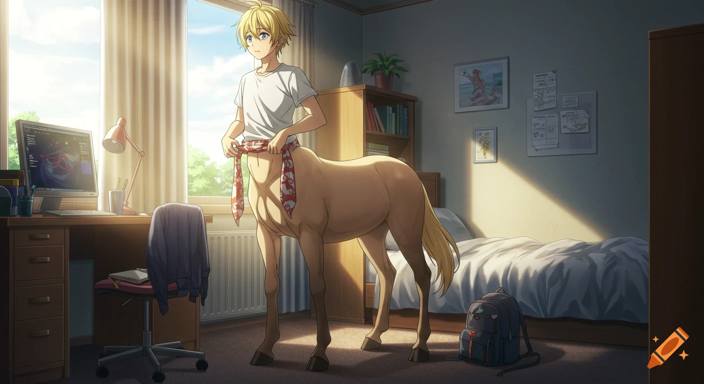 Anxious blond male centaur in an anime style adjusting a tie at his waist in his suburban room.