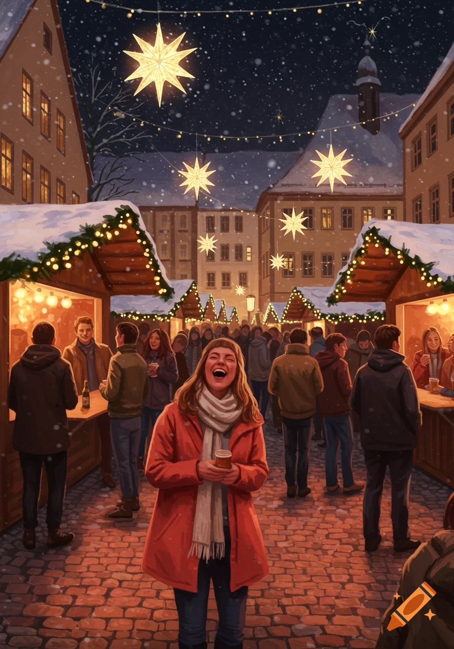A joyful woman laughs at a snowy outdoor Christmas market at night, surrounded by people and decorated stalls under glowing star lights.