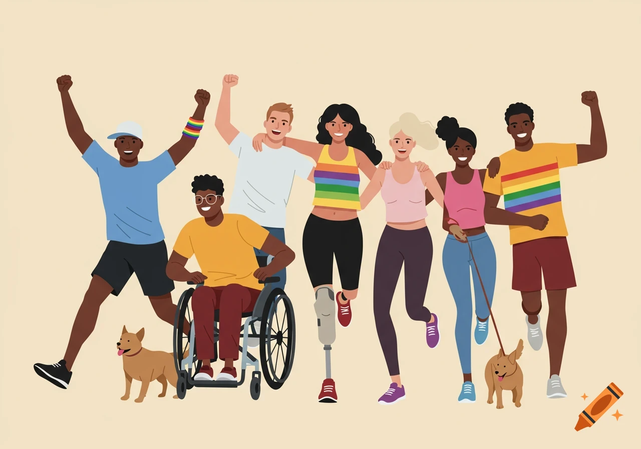 Flat illustration of diverse people, including a person in a wheelchair, a person with a prosthetic leg, and two dogs, smiling and running. Some wear LGBTQ+ pride colors.