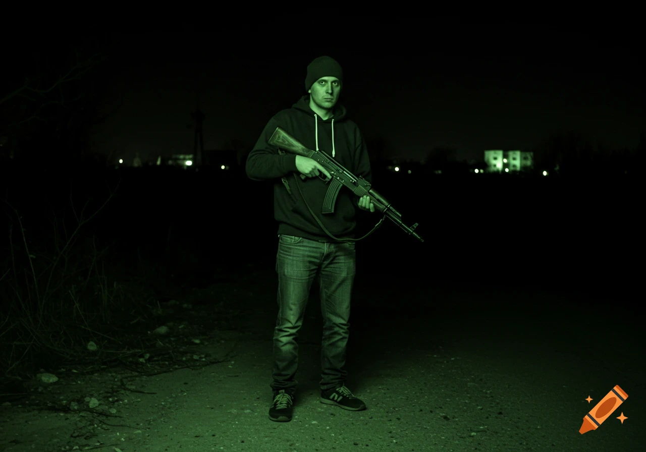 A man in a beanie, hoodie, and jeans stands in a dark, grainy night vision scene, holding an AK47 rifle.