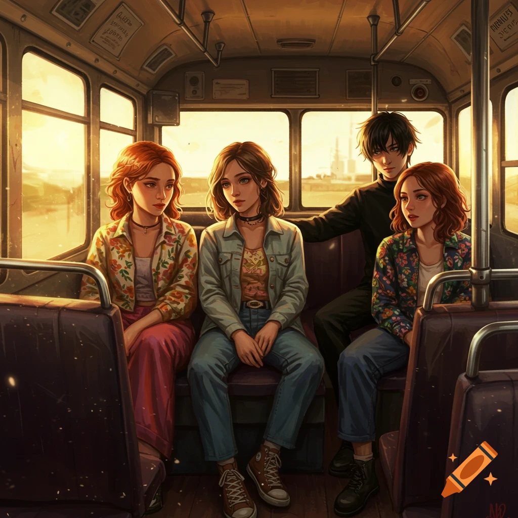 Anime-style illustration of three girls and one boy on a bus at sunset, with warm lighting.