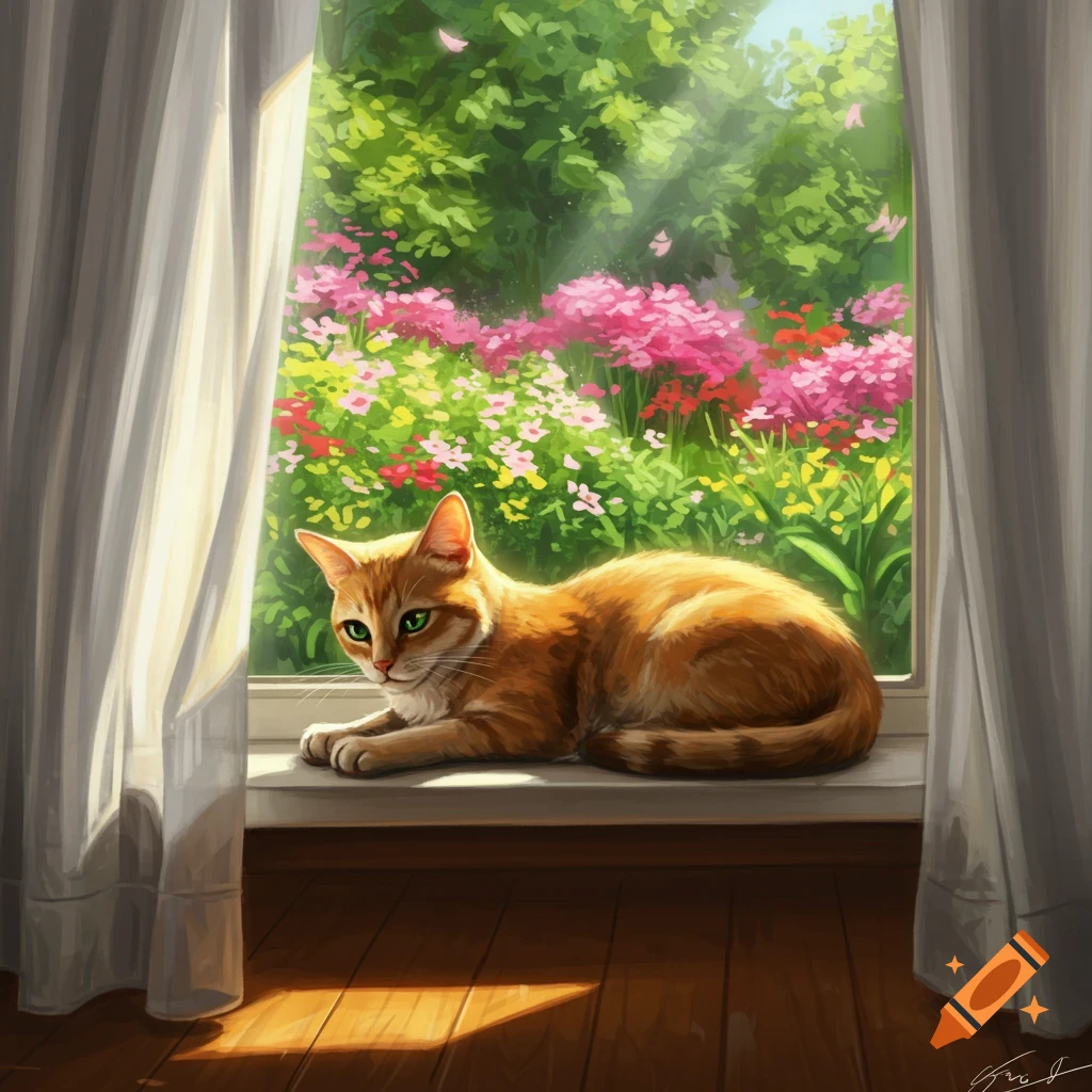 An orange tabby cat with green eyes lies on a sunlit windowsill, looking at a colorful garden. Digital painting style.
