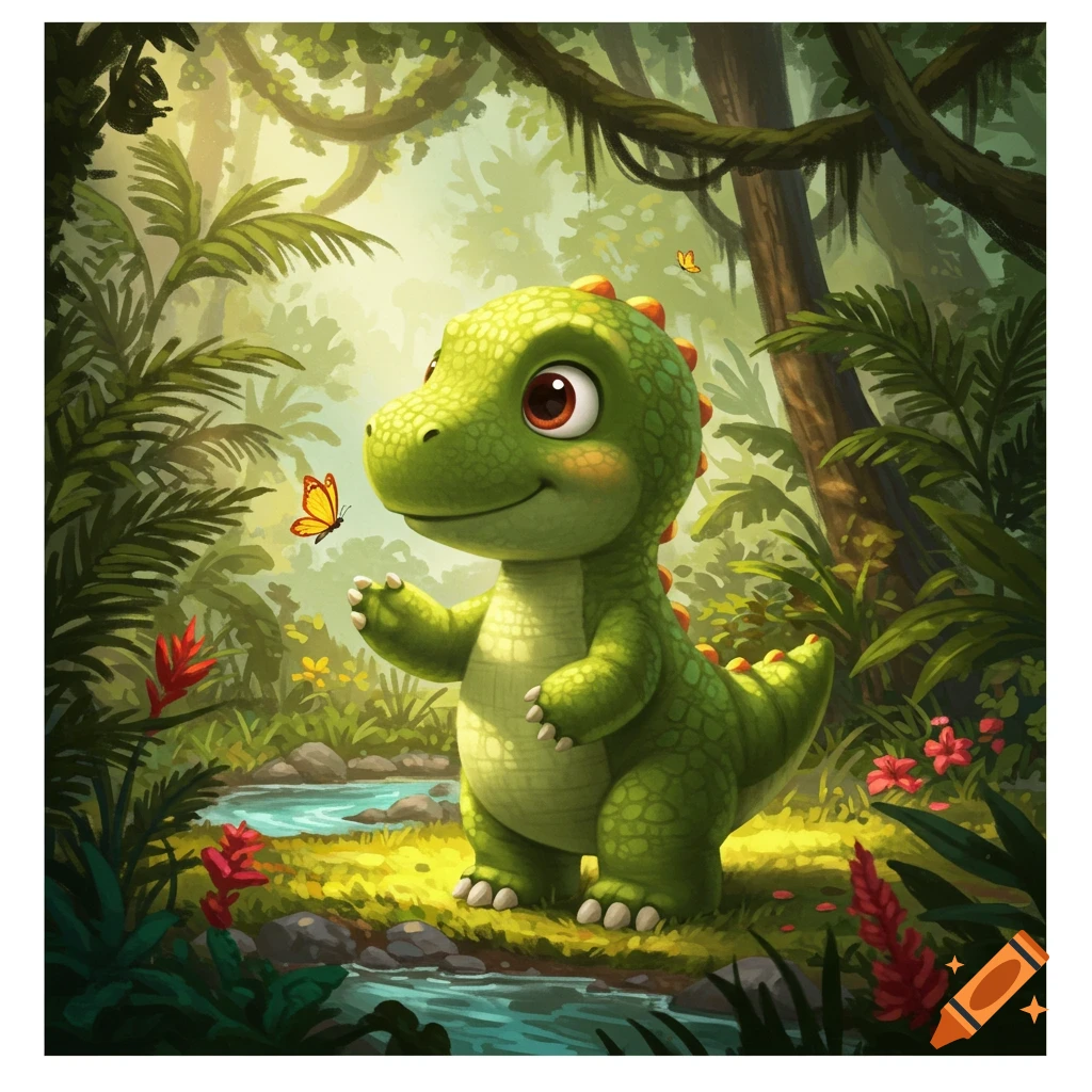 A cute green cartoon dinosaur with big eyes stands in a lush jungle by a stream, looking at an orange butterfly.