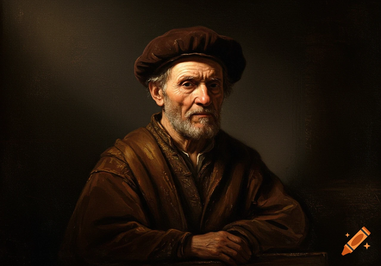 A dark, dramatic oil painting of an elderly man with a grey beard, wearing a brown hat and robe, looking directly forward in a style reminiscent of Rembrandt.