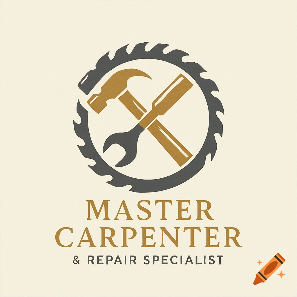 A carpenter's logo featuring a circular saw blade framing a crossed hammer, wrench, and chisel, above the text 'MASTER CARPENTER & REPAIR SPECIALIST'.