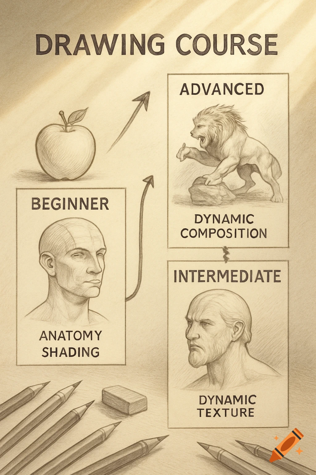 A pencil sketch infographic detailing a drawing course progression from beginner to advanced, featuring an apple, human heads, and a lion, with pencils and an eraser.