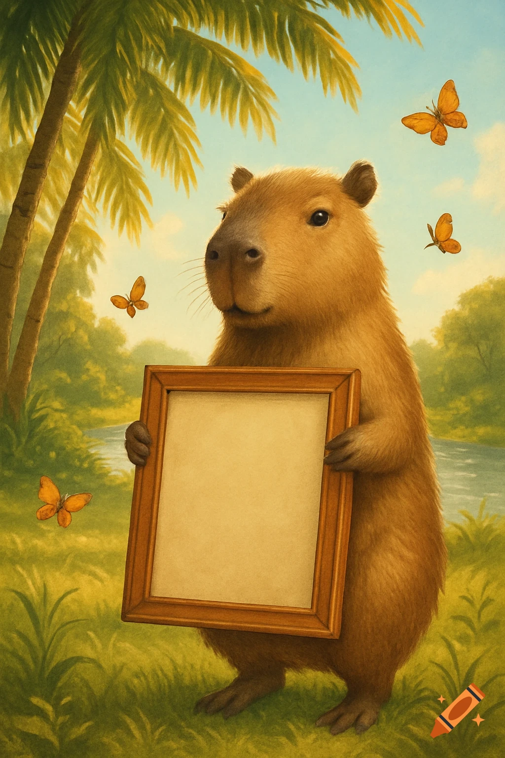 A painterly illustration of a capybara standing on its hind legs, holding an empty wooden frame in a tropical jungle with palm trees and butterflies.