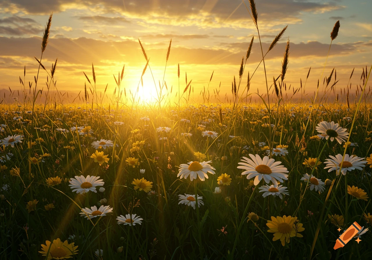 Photorealistic image of a field of white and yellow daisies and tall grass at sunset, with golden sun rays piercing through.